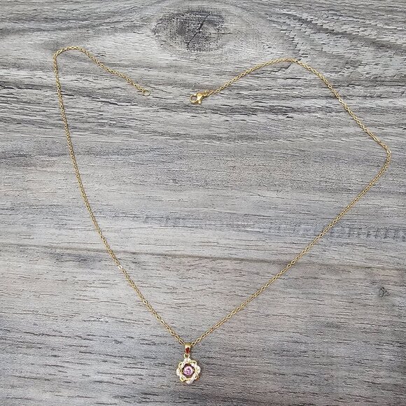 Simulated Pink Diamond Gold Tone New 14K Over Sterling Silver Pendant Necklace - Picture 8 of 8